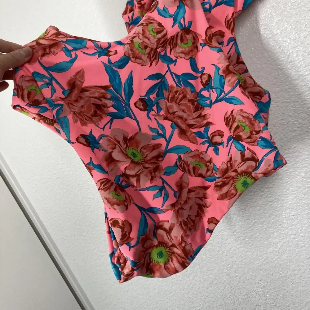 Tori Praver One Piece Swimsuit Womens Large Pink Floral Cutout Monokini Tropical